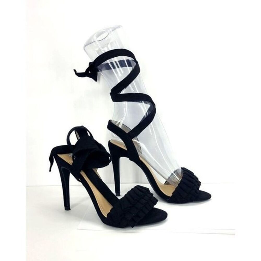 VICES High Heel Shoes Lace Up Ankle Wrap Suede 4.5" Pin Heels - Black, 7.5